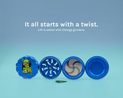 Dead Head by Chongz 60mm 4pt Grinder in Blue with Yellow Splashes - Chongz - Grinder - Rolling Refills
