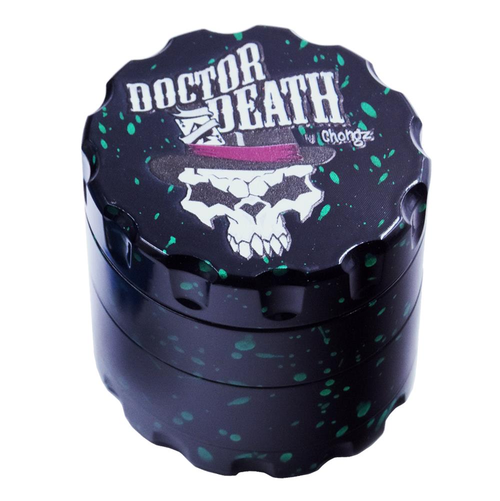 Dr Death by Chongz 60mm 4pt Grinder in Black with Green Splashes - Chongz - Grinder - Rolling Refills